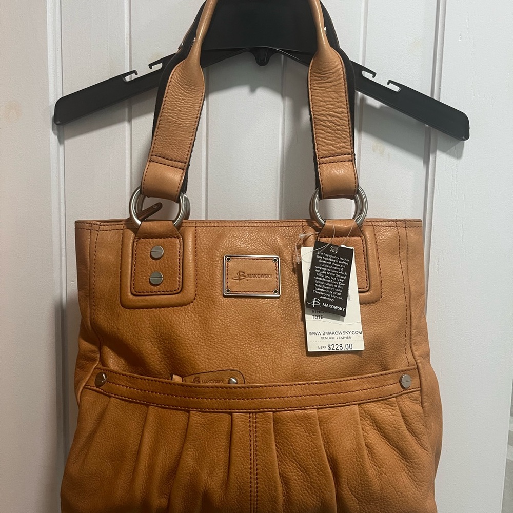 B. Makowsky Brown Leather Shoulder Bag with Pleated Design